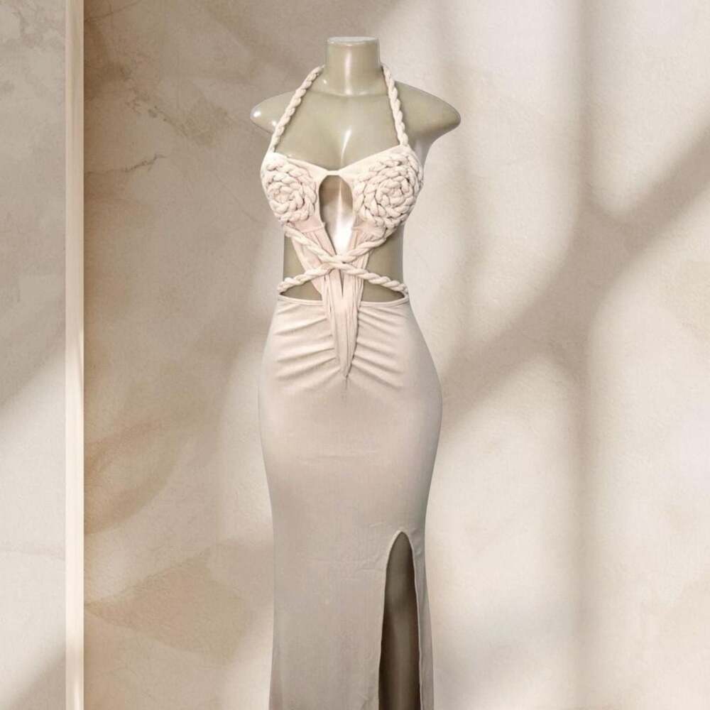 Beige Cutout Maxi Dress – Halter Neck Braided Detail Bodycon w/ Sexy Chic ✧ S